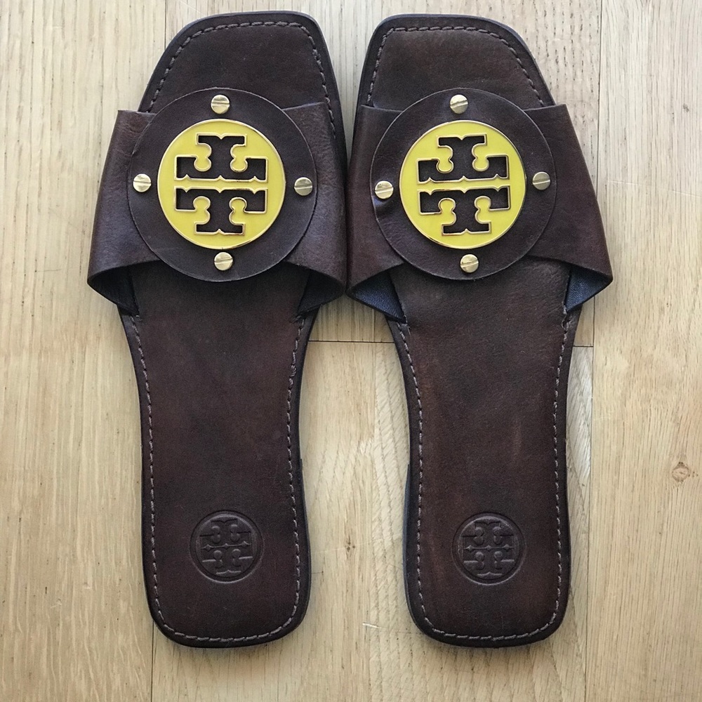 Tory Burch brown logo slides with gold buckle
